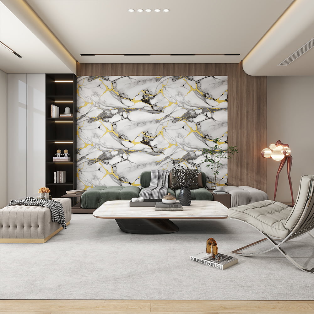 Rolla Cúlbhrat Marmair Ard-Snasta Nua-Aimseartha PVC Greamachán Bileog Marmair Féin Ghreamaitheach Uiscedhíonach Taobh istigh Maisiú Baile