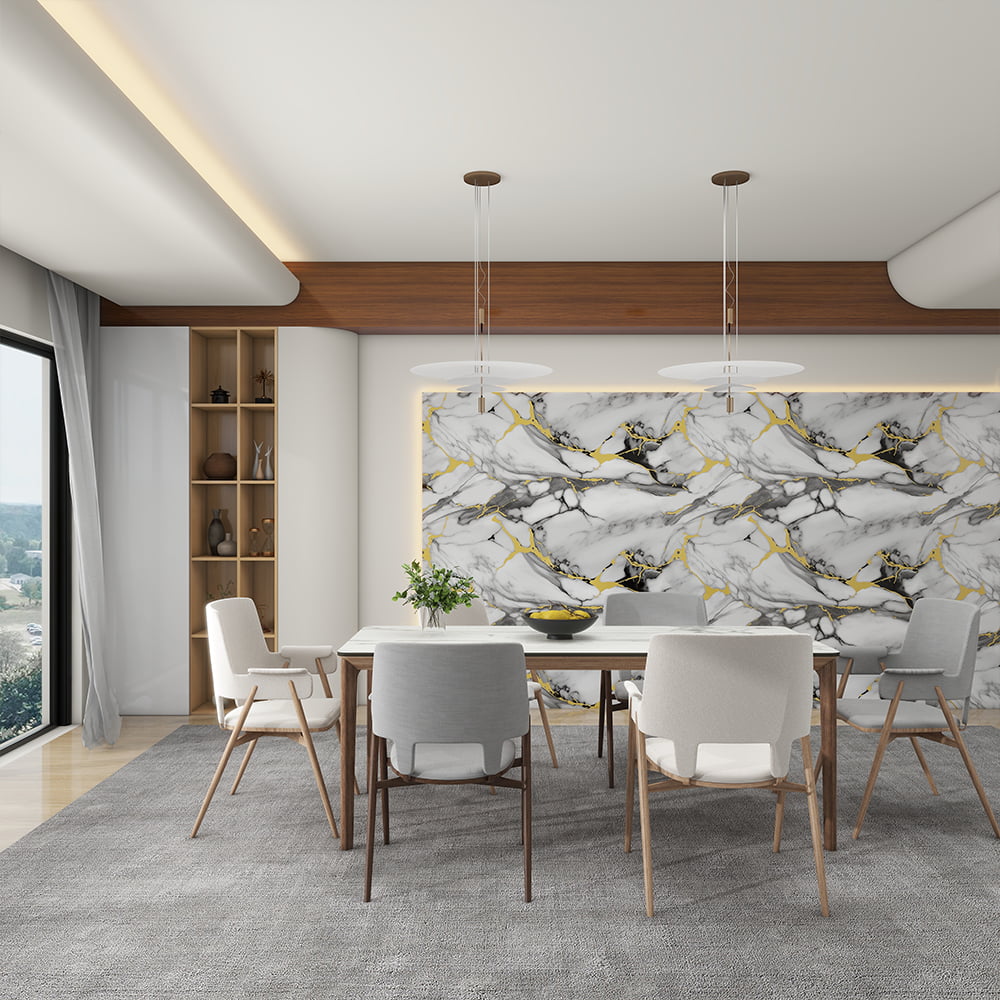 Rolla Cúlbhrat Marmair Ard-Snasta Nua-Aimseartha PVC Greamachán Bileog Marmair Féin Ghreamaitheach Uiscedhíonach Taobh istigh Maisiú Baile